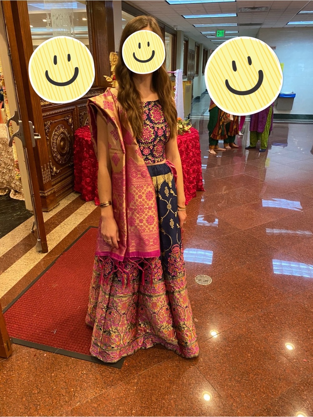 Navy and Pink Floral Brocade A-Line Skirt with Matching Pink Dupatta - Picture 2 of 3